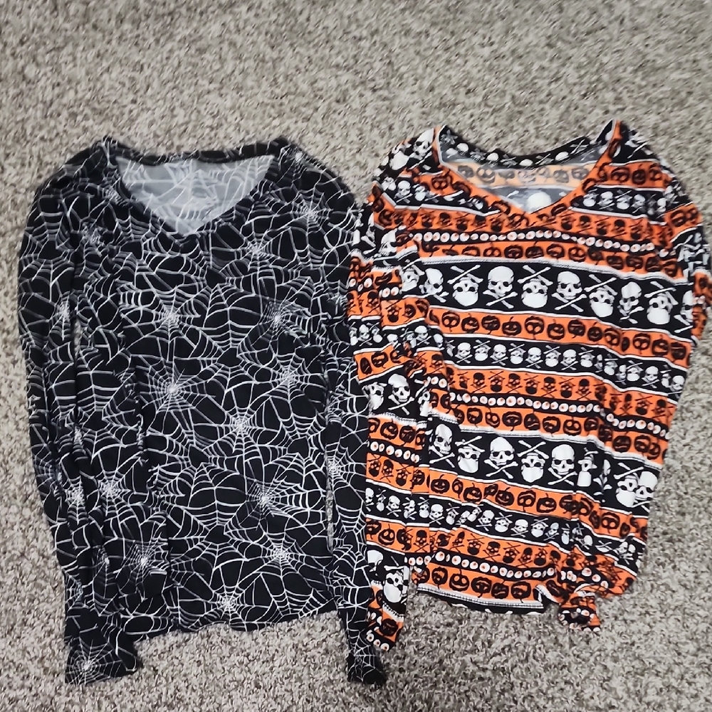 Set Of Two Women's Long Sleeve Halloween Tees - Black & Orange